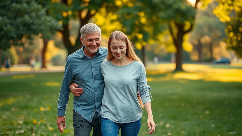 Parent and teen walking together in a park, hopeful body language, photorealistic, green trees, sunlight, golden hour lighting