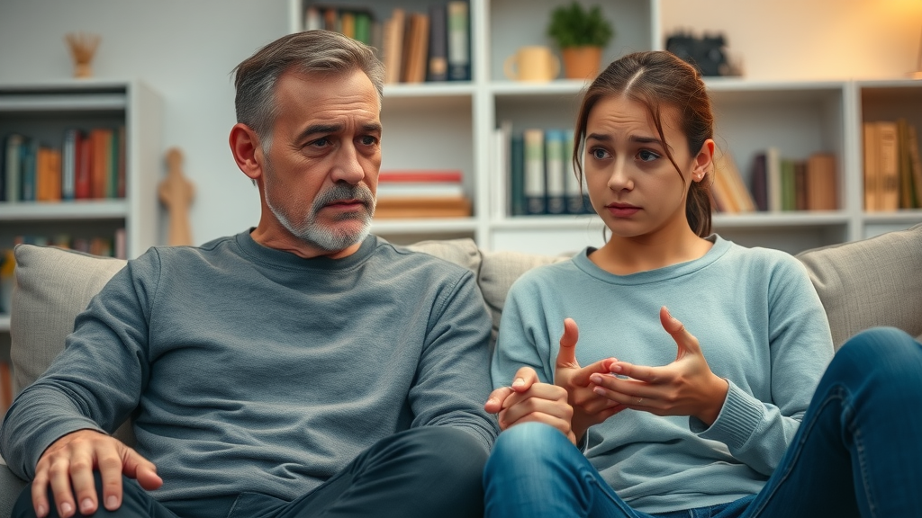 Concerned parent showing empathy to rebellious teenager in family living room, parenting difficult teenagers, realistic cozy environment