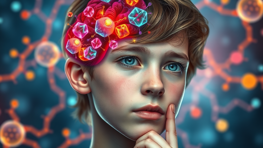 Illustration of teenage brain showing hormonal changes in parenting difficult teenagers, scientific and colorful