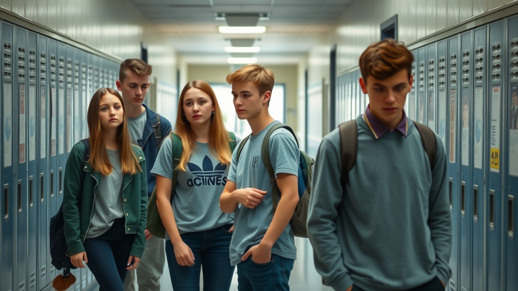 Teenager feeling peer pressure in school hallway, relevant to parenting difficult teenagers, photorealistic high school scene