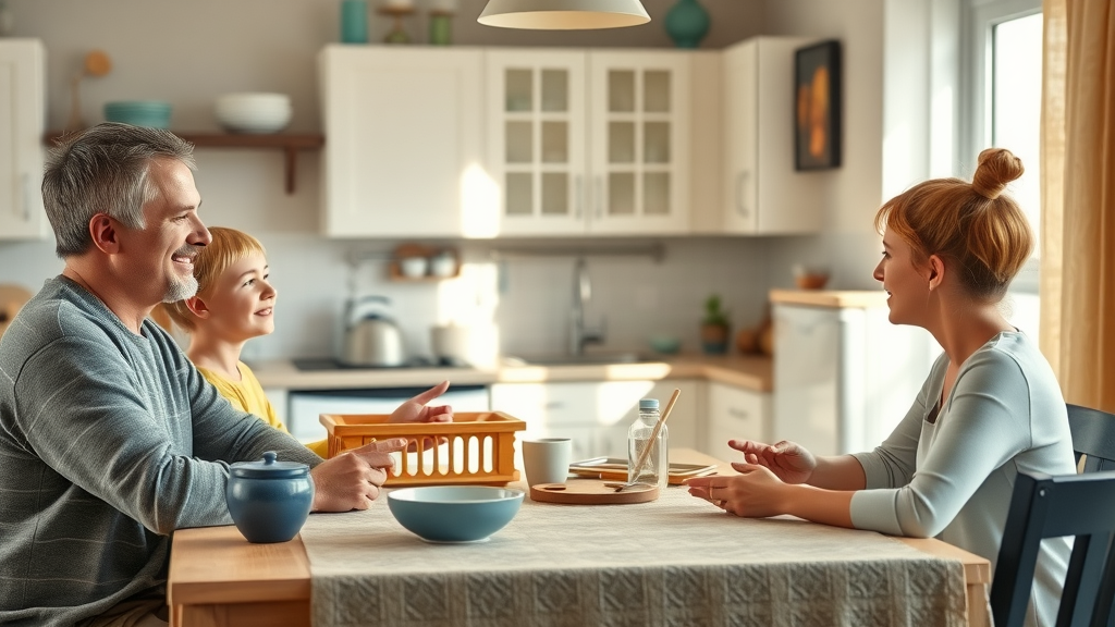 Family at kitchen table calmly discussing rules and chores, positive reinforcement techniques for parenting difficult teenagers