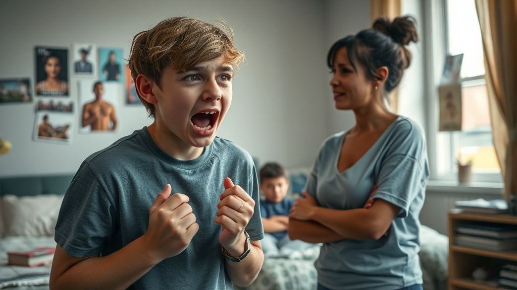 Teenager experiencing emotional outburst with supportive parent, relevant to parenting difficult teenagers, realistic bedroom scene