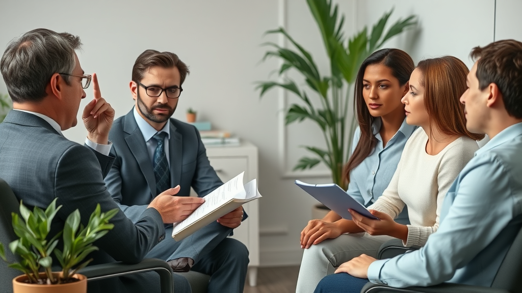 Psychologist answering FAQs about parenting difficult teenagers in office, engaged with concerned parents