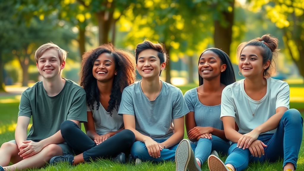 Hopeful diverse teenagers practicing mindfulness and relaxation for teens, sitting together in a calm park setting, relaxed and peaceful.