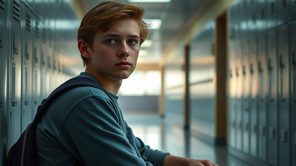 Concerned teenager considering mindfulness and relaxation for teens in a quiet school hallway, introspective and hopeful.