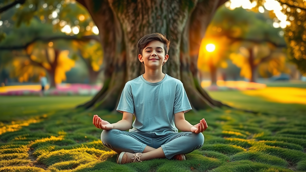 Smiling teenager practicing mindfulness and relaxation for teens, meditating outdoors in a peaceful natural setting.