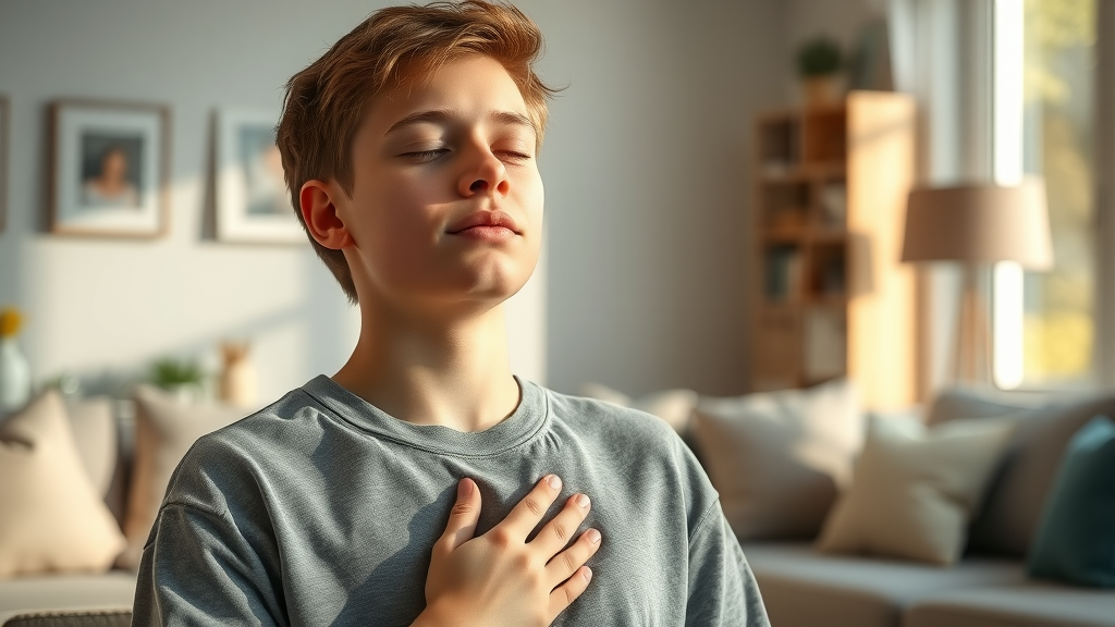 Serene teenage boy practicing mindful breathing as a mindfulness exercise for teens, calm living room background, eyes closed and exhaling.