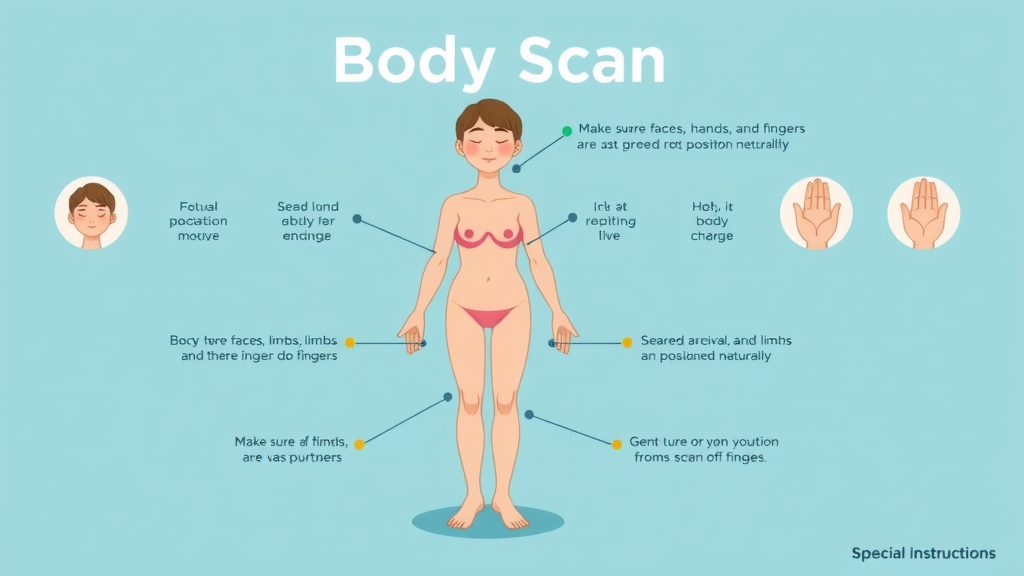 Animated infographic showing the steps of a body scan mindfulness exercise for teens, highlighting body awareness points, calming blue background.