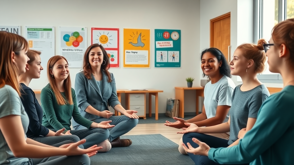 Attentive teacher leading group of teens through mindfulness exercises and relaxation, classroom engagement.