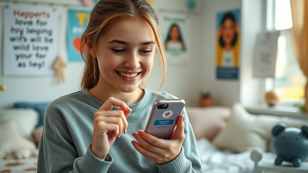 Smiling teen girl setting a daily mindfulness and relaxation reminder for teens on her smartphone.