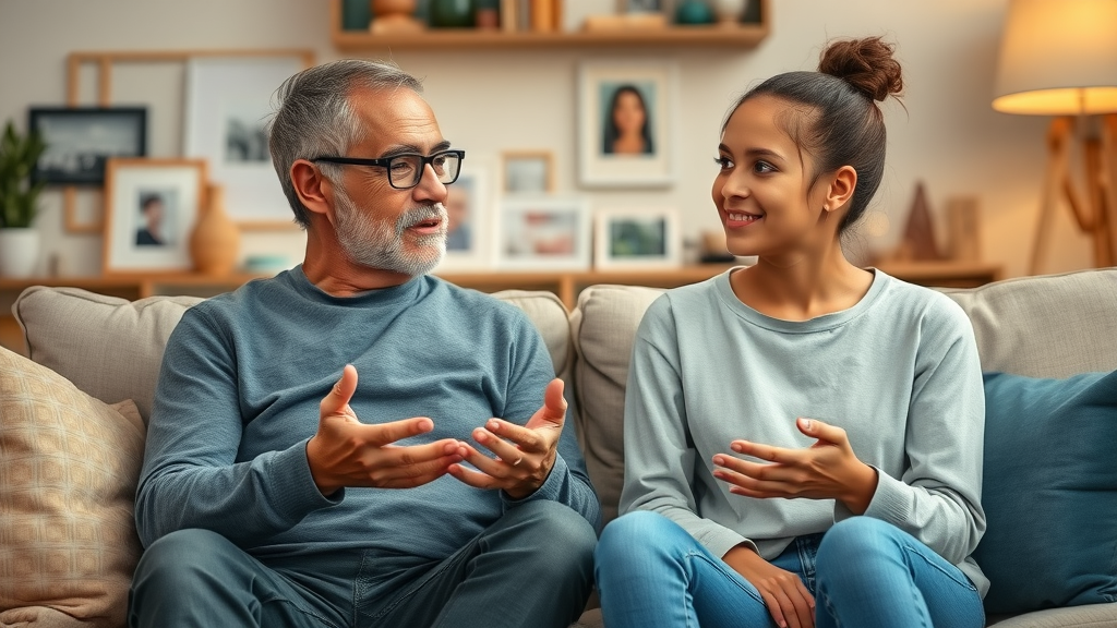 Supportive parent encouraging mindfulness and relaxation for teens with teenage child, sitting together in a cozy living room.