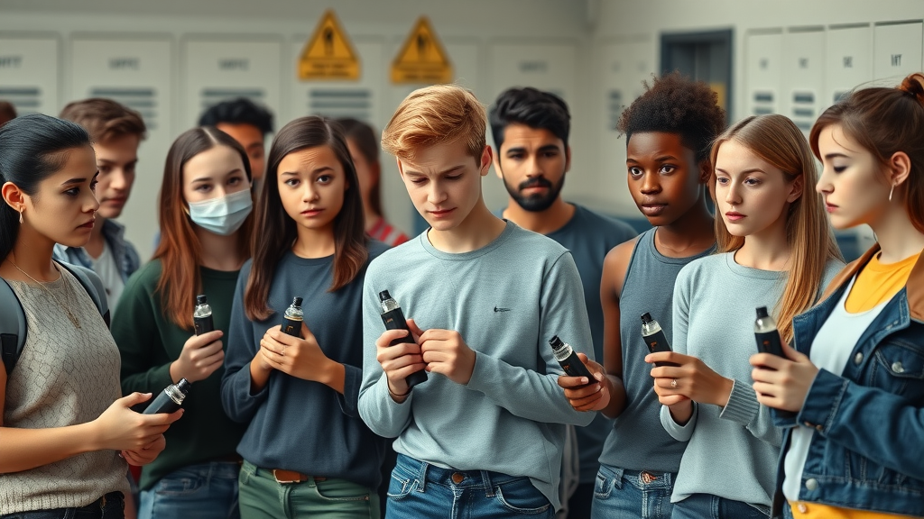 Concerned group of diverse high school students holding e-cigarette devices standing together on a high school campus, highlighting teen vaping risks