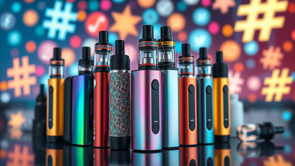 Colorful assortment of modern e-cigarette devices against a bright social media backdrop, illustrating the appeal to young people and the role of marketing in teen vaping risks