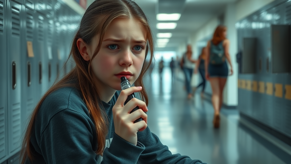 Thoughtful teenage girl sitting alone with a vape in a school hallway, highlighting teen vaping risks and mental health concerns