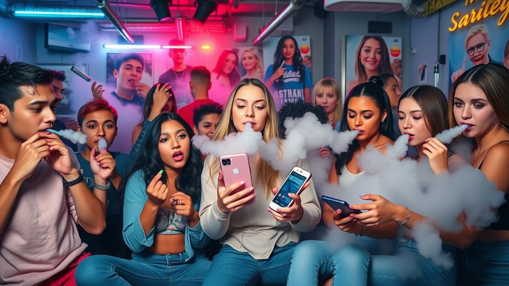 Diverse group of teenagers at a party, some using vapes and others watching social media influencers, capturing reasons why young people are drawn to e-cigarettes and teen vaping risks