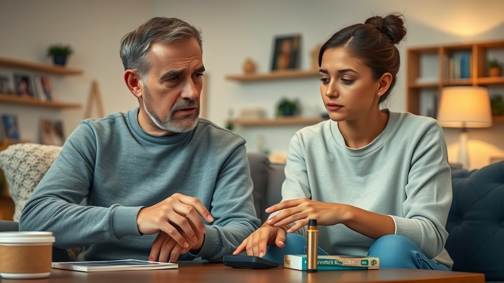 Supportive parent and concerned teenager sitting together in a cozy family home, discussing an e-cigarette, emphasizing parental involvement in addressing teen vaping risks
