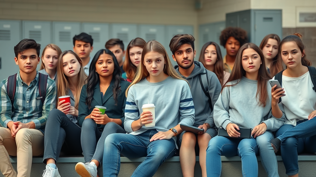 Group of diverse teenagers on school bleachers, highlighting alcohol use in teens, peer pressure, and adolescent dynamics