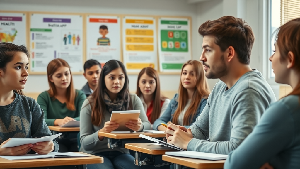 Teacher leading classroom discussion on alcohol use in teens and underage drinking