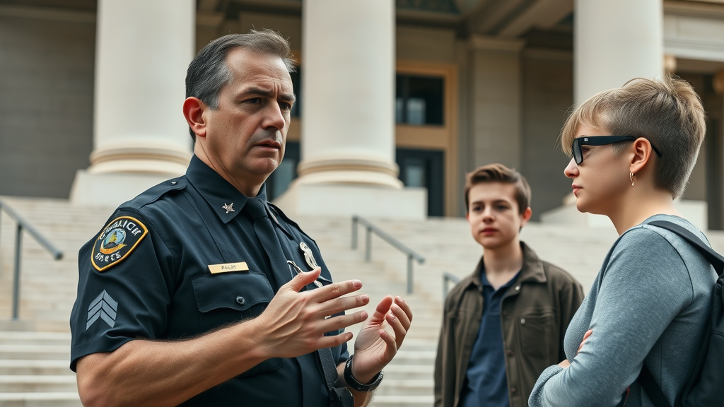 Law enforcement officer discussing underage drinking laws with teenager and parent