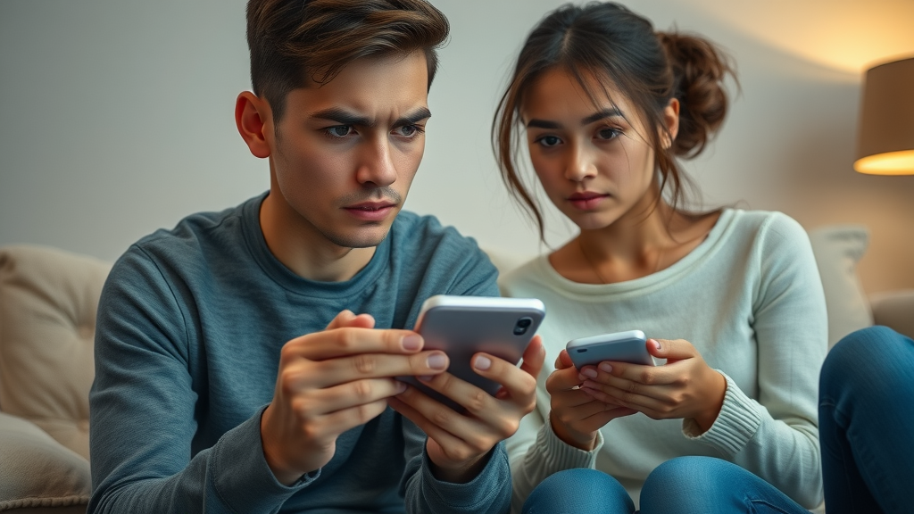 Worried teenager using smartphone in cozy living room, cyberbullying and teens context, parents concerned, digital devices scattered, photorealistic and lifelike