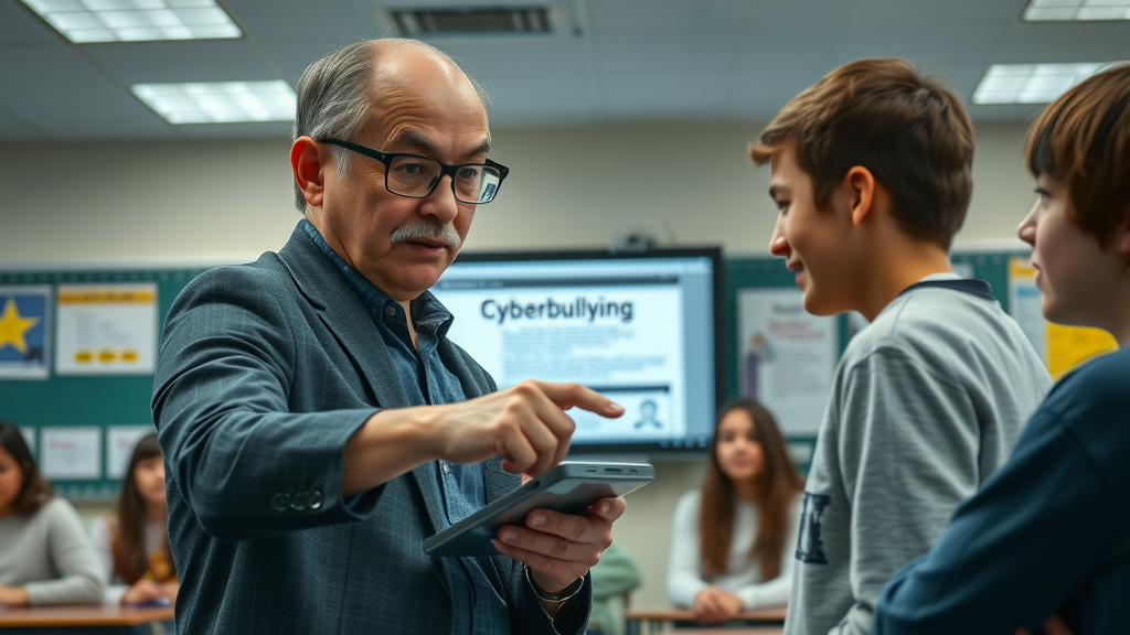 Insightful educator pointing out cyberbullying warning to teens, digital devices visible, detailed classroom scene, cyberbullying and teens concept