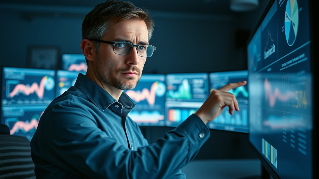 Concerned researcher analyzing cyberbullying data on digital screen, highly detailed setting, cyberbullying and teens focus, dark office with infographics