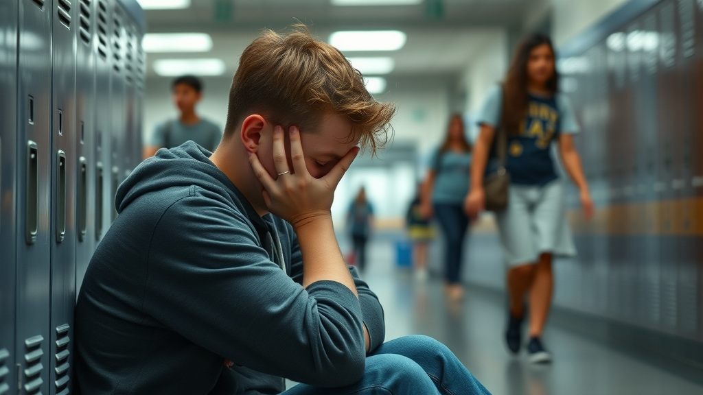 Isolated teen with head in hands, distressed by cyberbullying in high school hallway, cyberbullying and teens context, somber environment