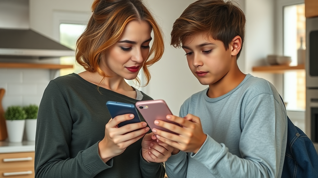 Vigilant mother noticing withdrawn teen using smartphone, cyberbullying and teens, warm modern kitchen scene, photorealistic