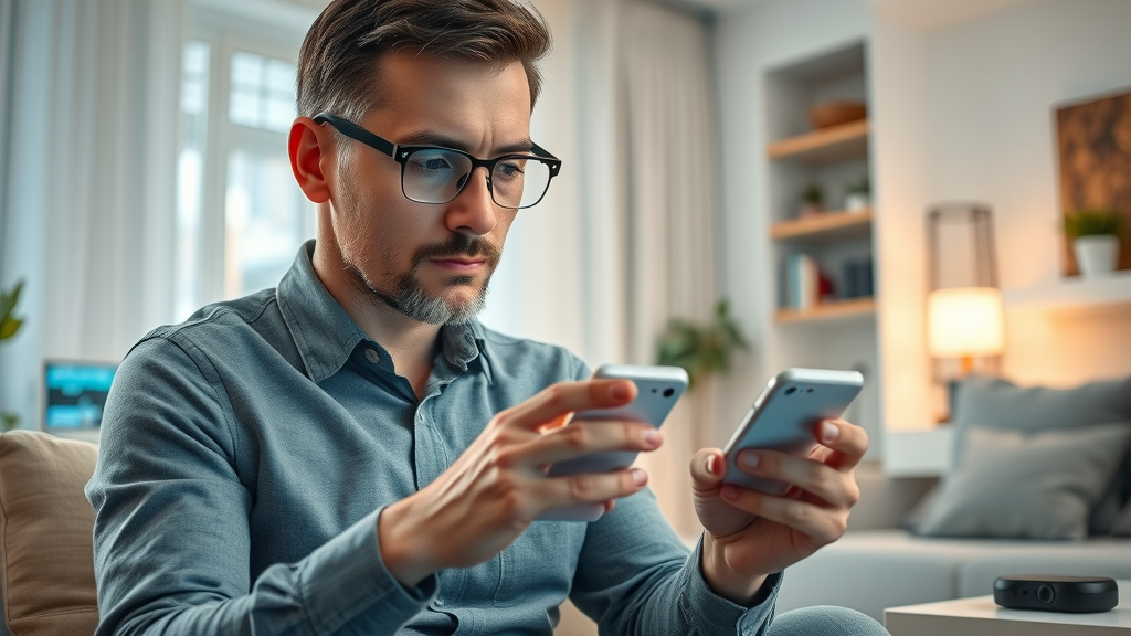 Tech-savvy parent managing cyberbullying risks with smartphone parental control app, cyberbullying and teens, bright family living room