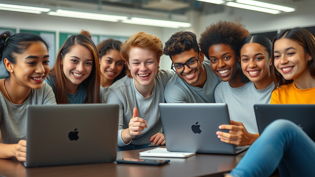 Diverse group of confident teens collaborating on laptops, discussing safe social media, cyberbullying and teens, uplifting school setting