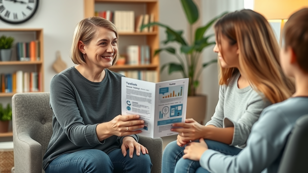 Friendly counselor handing pamphlet to parent and teen in therapy office, cyberbullying and teens, reassuring professional support