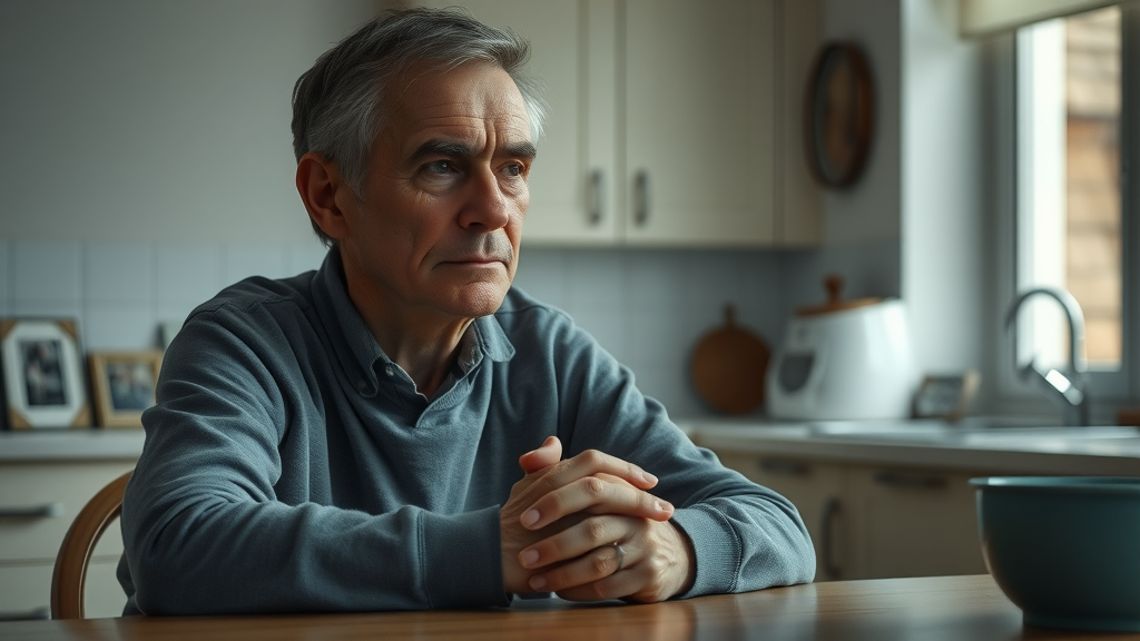 Somber parent sitting thoughtfully at a kitchen table, reflecting on support for parents of troubled teens, quiet home background with family photos.