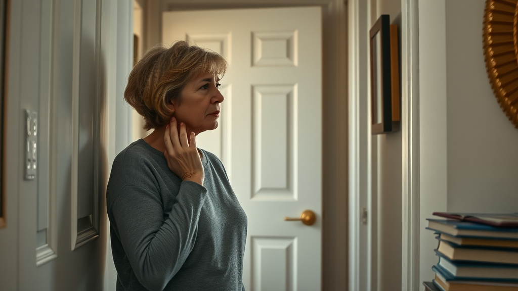 Worried mother looking toward a closed bedroom door, anxiety about troubled teen