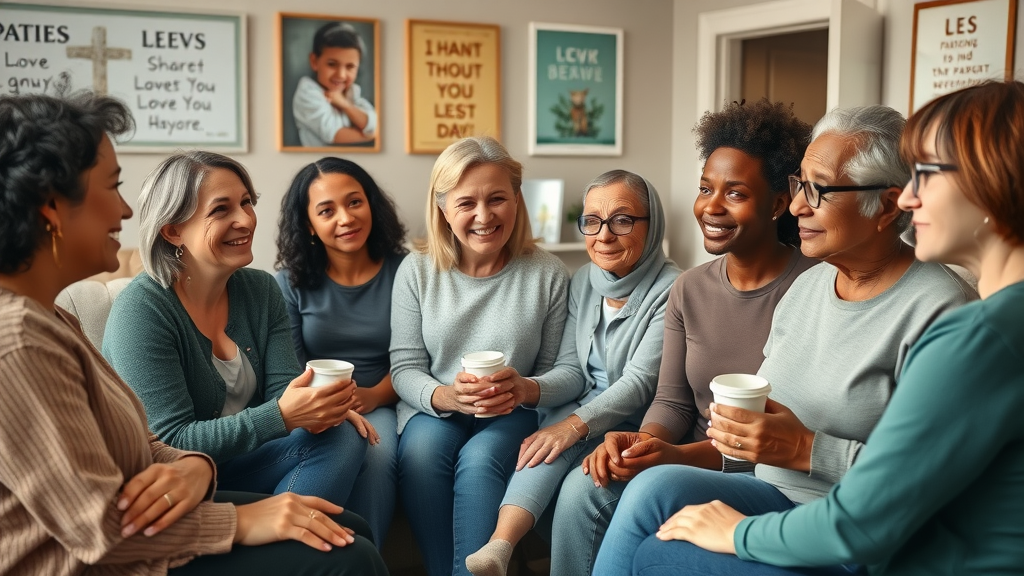 Diverse group of parents gathered in a supportive circle, sharing experiences about support for parents of troubled teens in a community center.