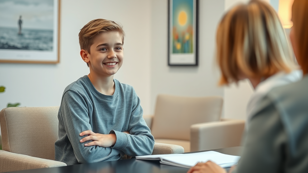 Teen with therapist in a comfortable office, focus on mental health and support for troubled teens.