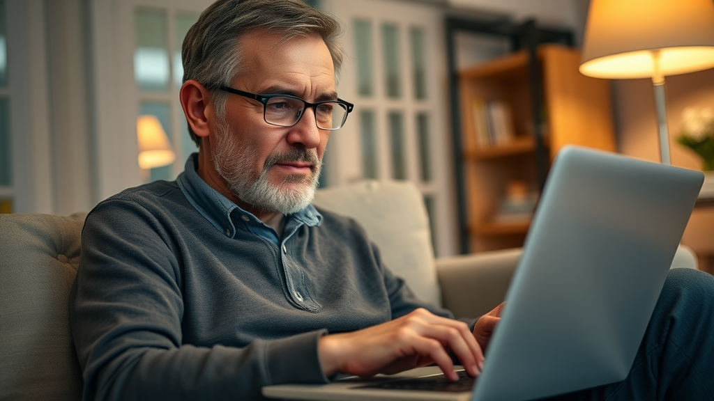 Middle-aged parent engaging with online forums and community resources for support for parents of troubled teens.