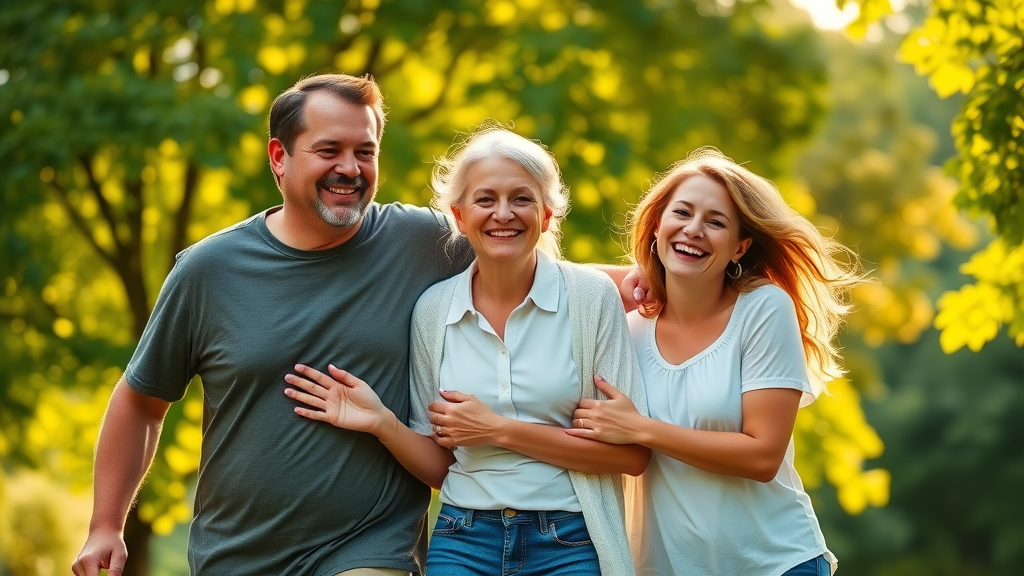 Smiling family embracing outdoors, celebrating hope and support for parents of troubled teens in a lush green park.