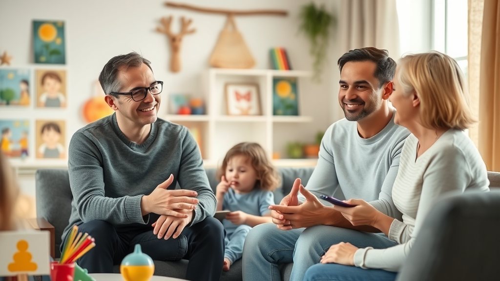Professional parenting resources consulting session with warm, attentive parents and a friendly counselor in a cozy living room with educational toys and children