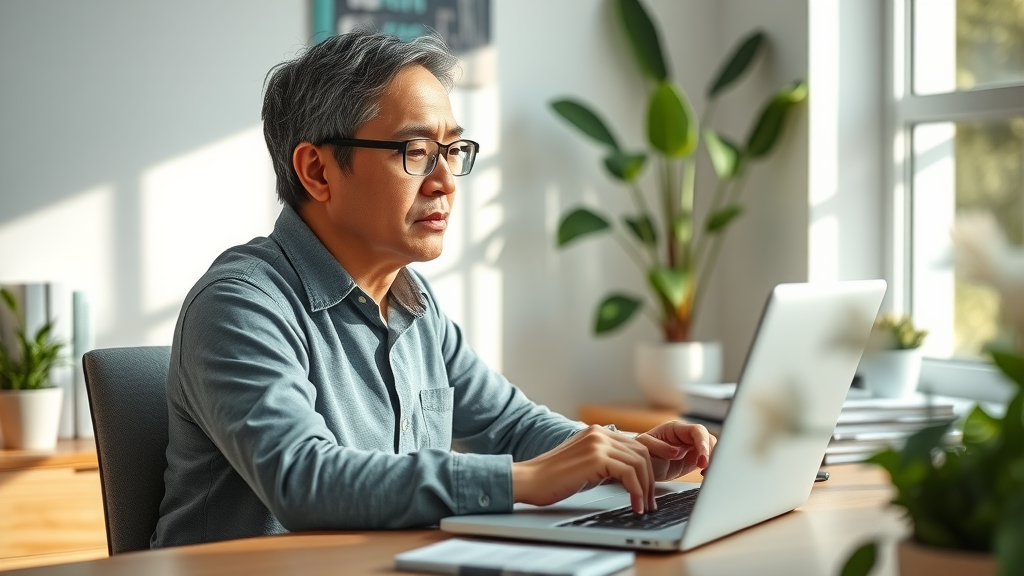 Thoughtful parent evaluating professional parenting resources online in a sunlit home office