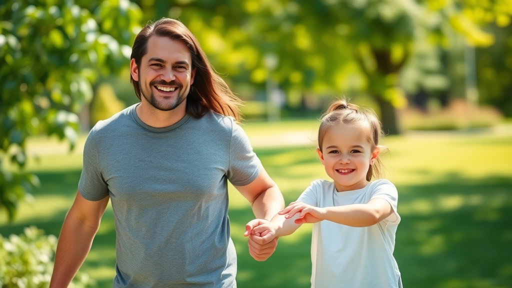 Confident parent and child using professional parenting resources for successful family life, walking together in a sunlit park