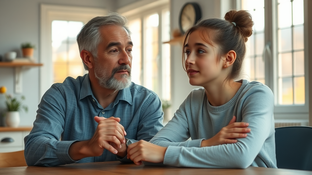 Sincere parent and teenager discussing discipline strategies for parenting teens at a kitchen table in a modern sunlit home