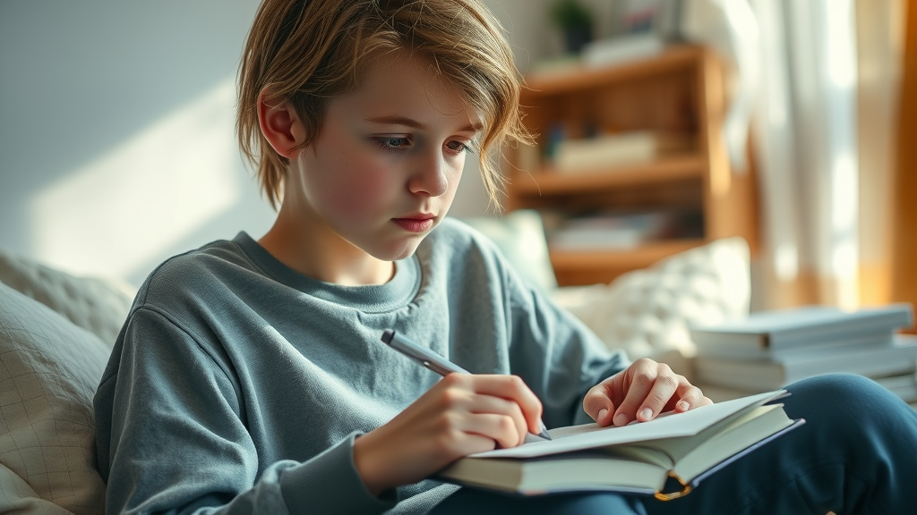 Thoughtful teenager reflecting on discipline strategies for parenting teens by writing in a journal in a cozy, sunlit study space