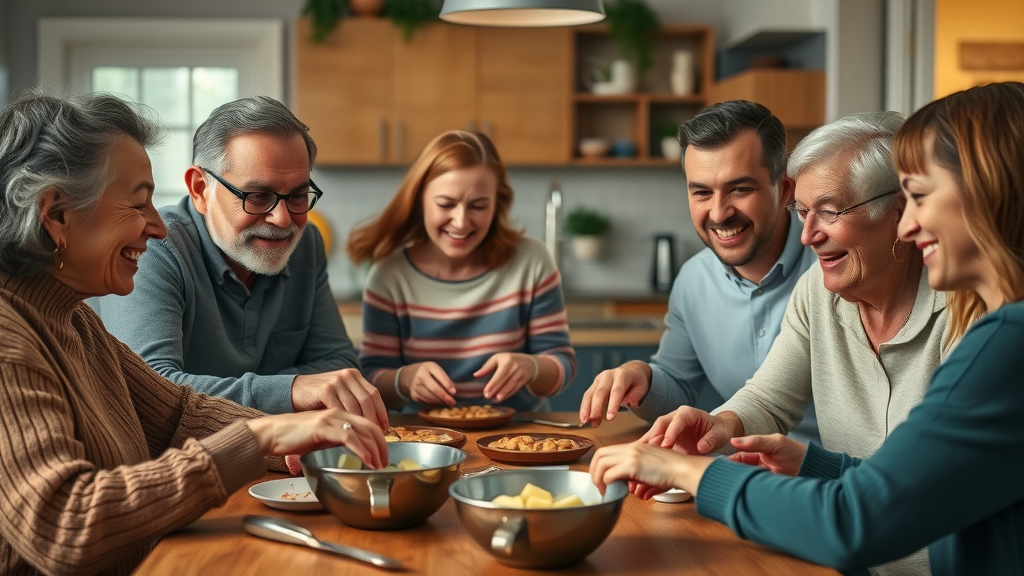 Friendly multigenerational family demonstrating positive discipline strategies for parenting teens through group activities in a cozy, connected home environment