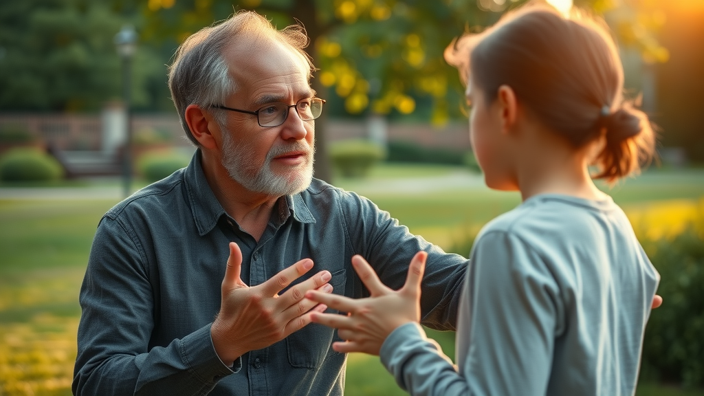 Patient parent supporting a teenager through a challenging moment, demonstrating discipline strategies for parenting teens in a peaceful outdoor park