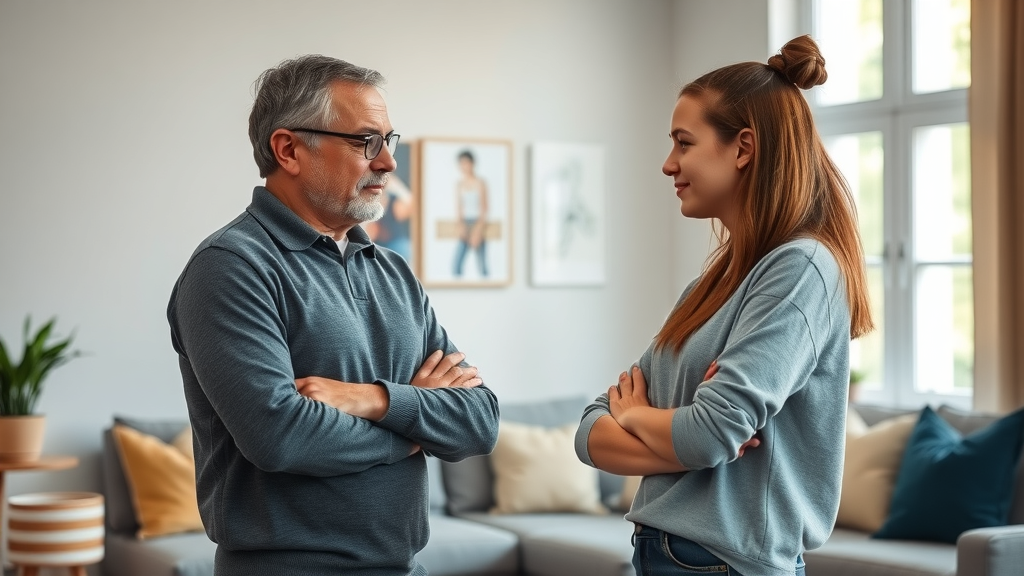 Resolute parent and defensive teenager demonstrating effective listening and boundaries in discipline strategies for parenting teens in a contemporary living room