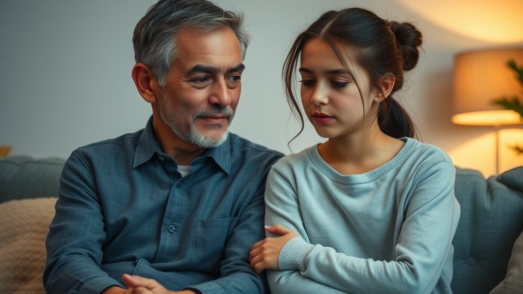 Reassuring parent reconnecting with remorseful teen after conflict, modeling positive discipline strategies for parenting teens in an inviting living room