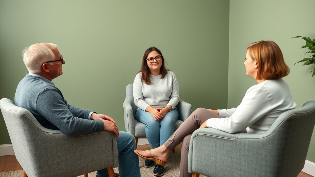 Parent, teenager, and counselor working together in a supportive group session focusing on discipline strategies for parenting teens