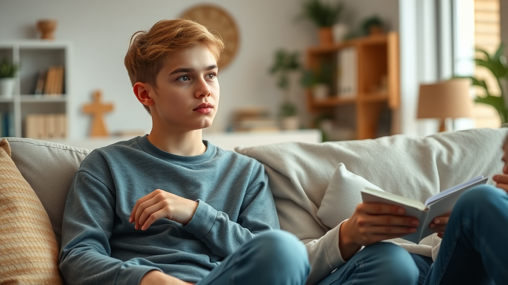 Thoughtful teenager and permissive parent sitting in a cozy, softly lit modern living room, illustrating permissive parenting with teenagers.
