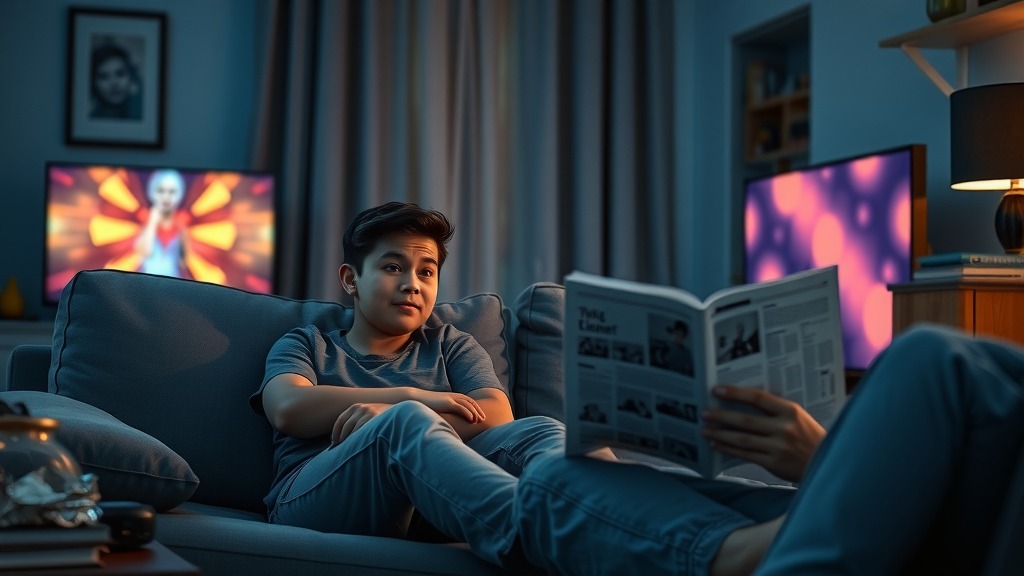 Teenager enjoying late-night TV in a dimly lit family room while a permissive parent reads nearby, illustrating everyday permissive parenting.
