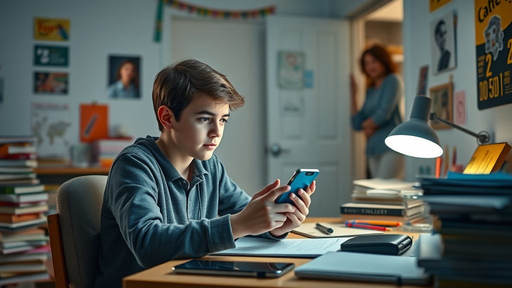Teen distracted by phone at cluttered study desk, permissive parent smiling from doorway—illustrating impact of permissive parenting on academic performance.